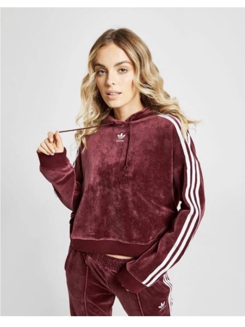 adidas Women’s Burgundy Velour Hoodie with White Three Stripes cropped size XS